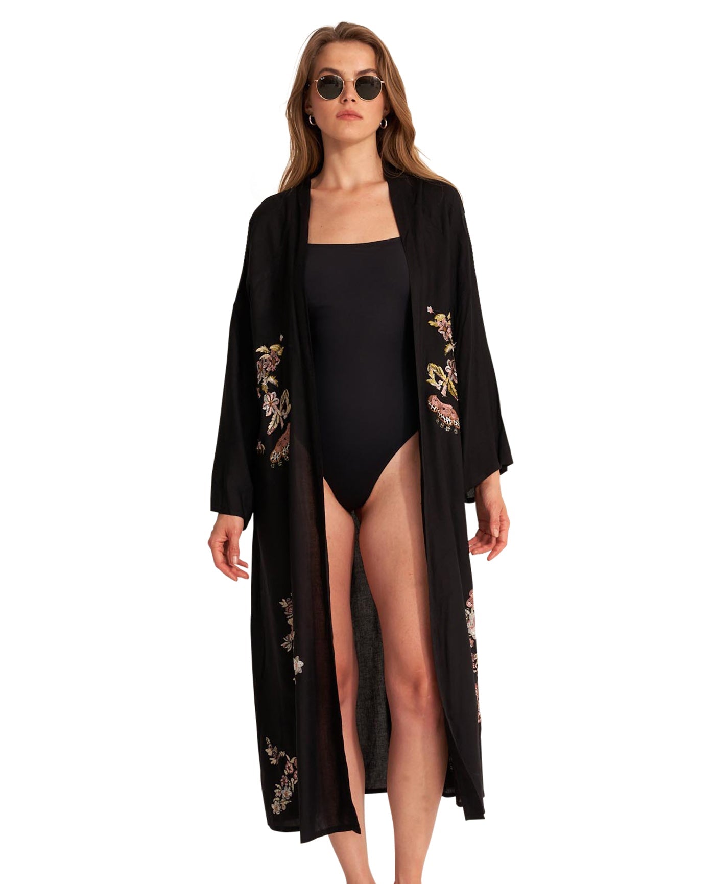 Alternate Front View Of Gottex Beach Life Embroidered Cover Up Kimono | GOTTEX BEACH LIFE PEACOCK BLACK