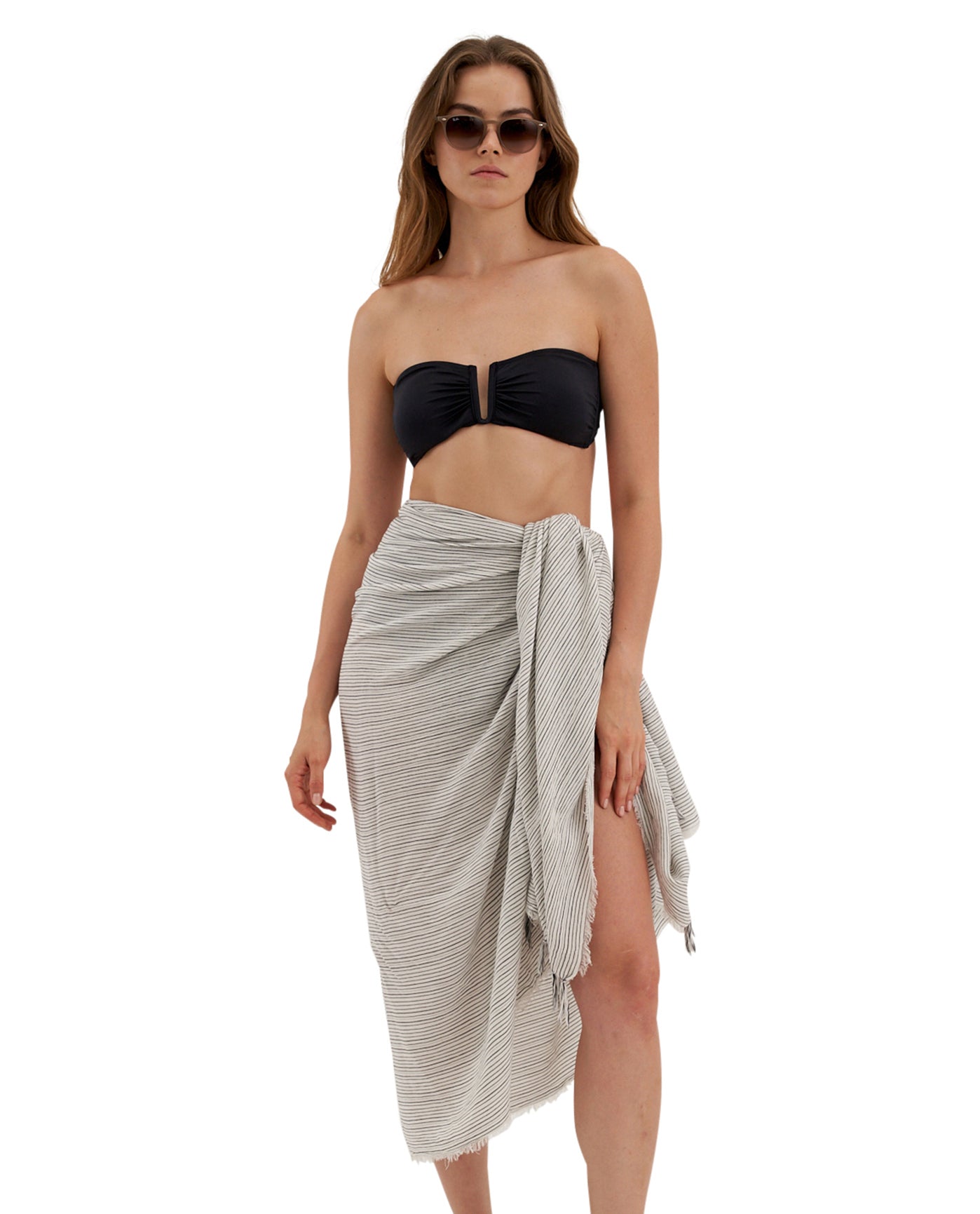 Front View Of Gottex Beach Life Cover Up Sarong Wrap Skirt | GOTTEX BEACH LIFE OCEAN BLACK AND IVORY