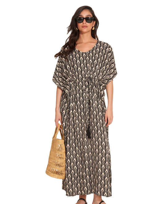 Front View Of Gottex Beach Life Midi Cover Up Kimono | GOTTEX BEACH LIFE KAREN BLACK AND BROWN