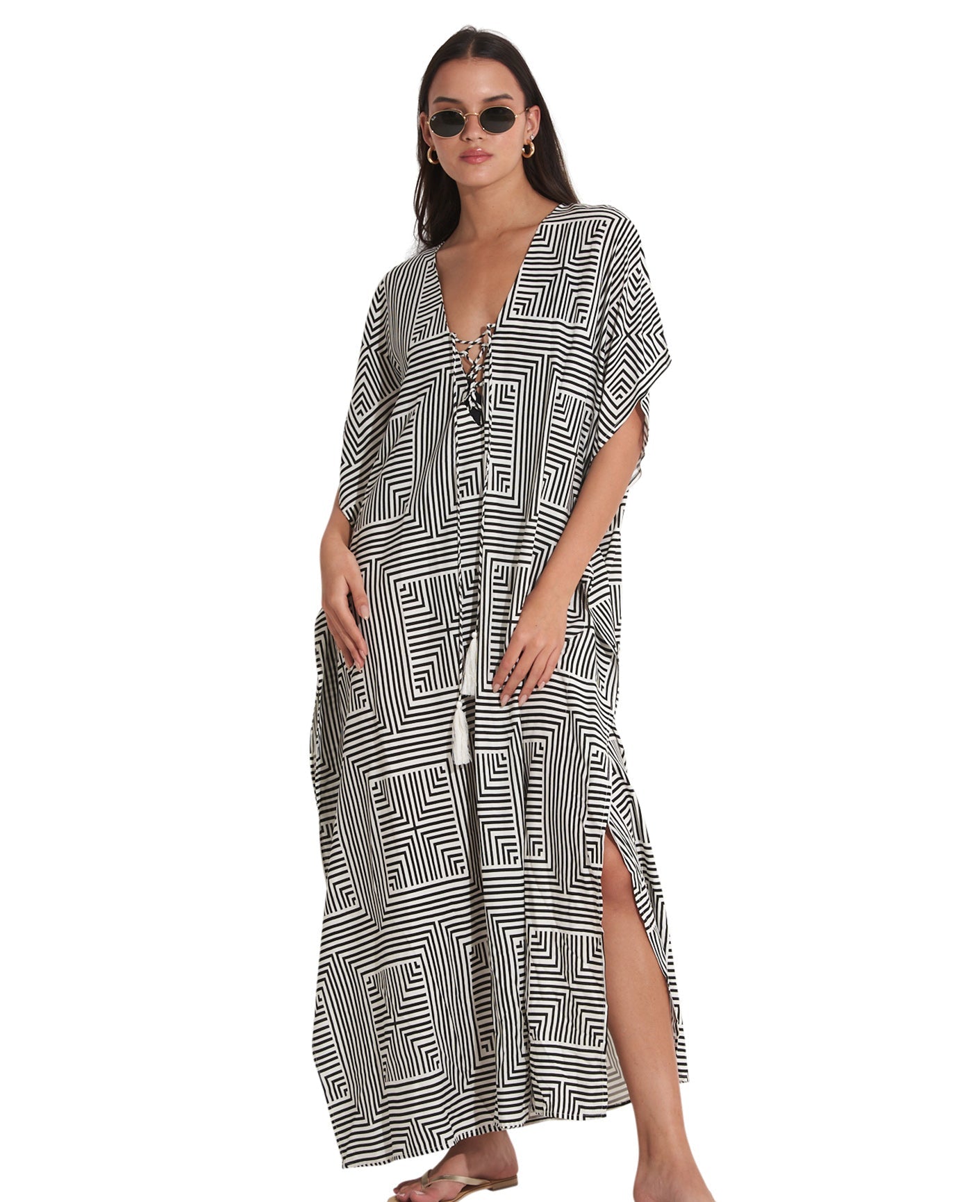 Front View Of Gottex Beach Life Lace Up Cover Up Kaftan | GOTTEX BEACH LIFE HANNA BLACK AND WHITE