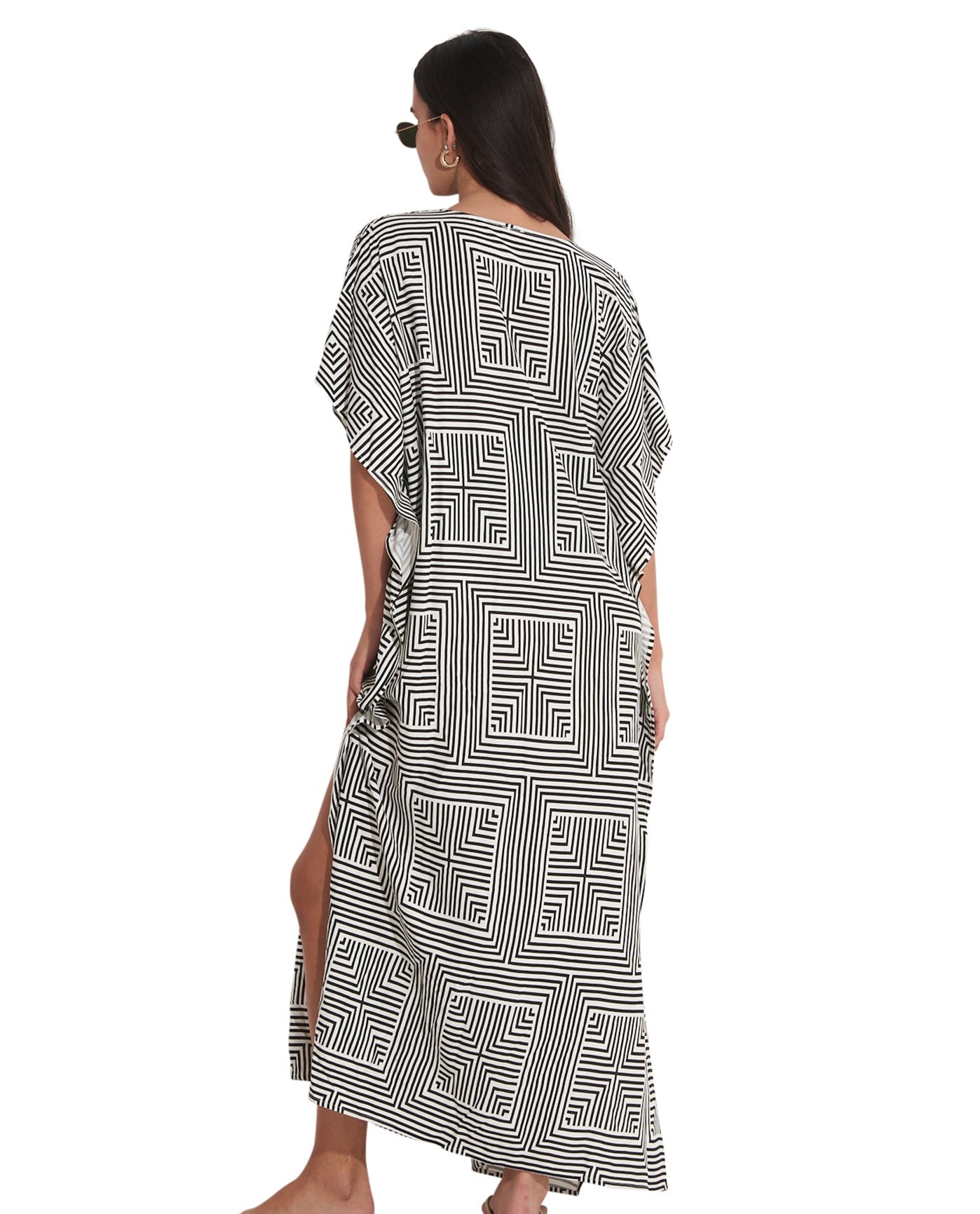 Back View Of Gottex Beach Life Lace Up Cover Up Kaftan | GOTTEX BEACH LIFE HANNA BLACK AND WHITE