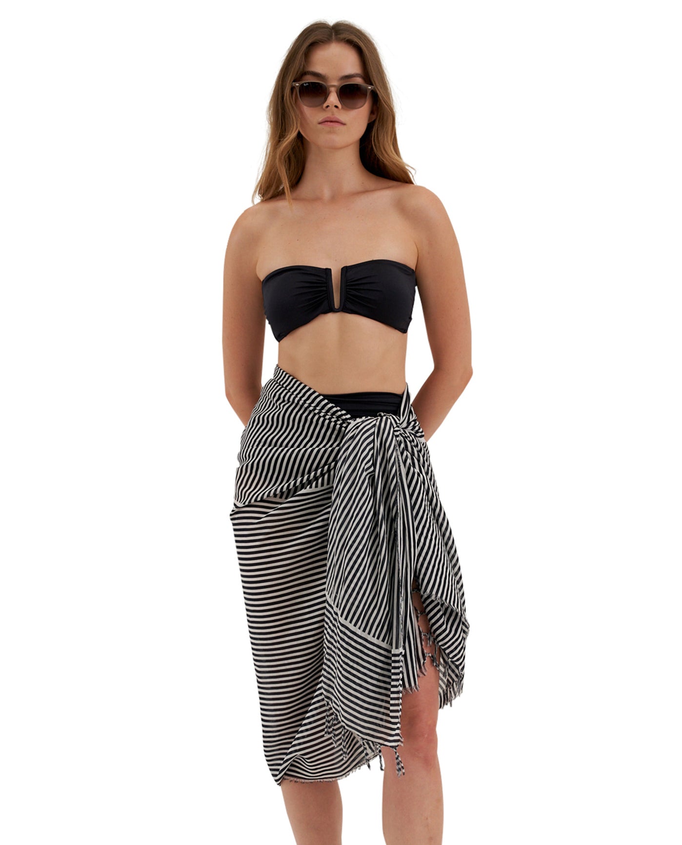 Front View Of Gottex Beach Life Cover Up Sarong Wrap Skirt | GOTTEX BEACH LIFE HANNA BLACK AND WHITE