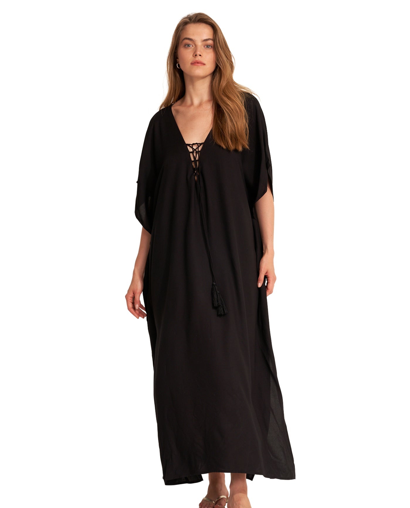 Front View Of Gottex Beach Life Lace Up Cover Up Kaftan | GOTTEX BEACH LIFE BEST BLACK