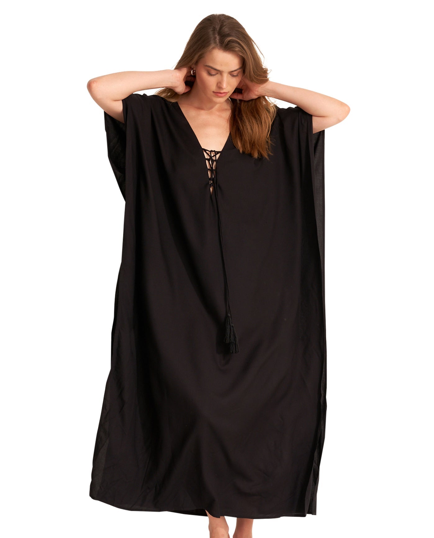 Alternate Front View Of Gottex Beach Life Lace Up Cover Up Kaftan | GOTTEX BEACH LIFE BEST BLACK