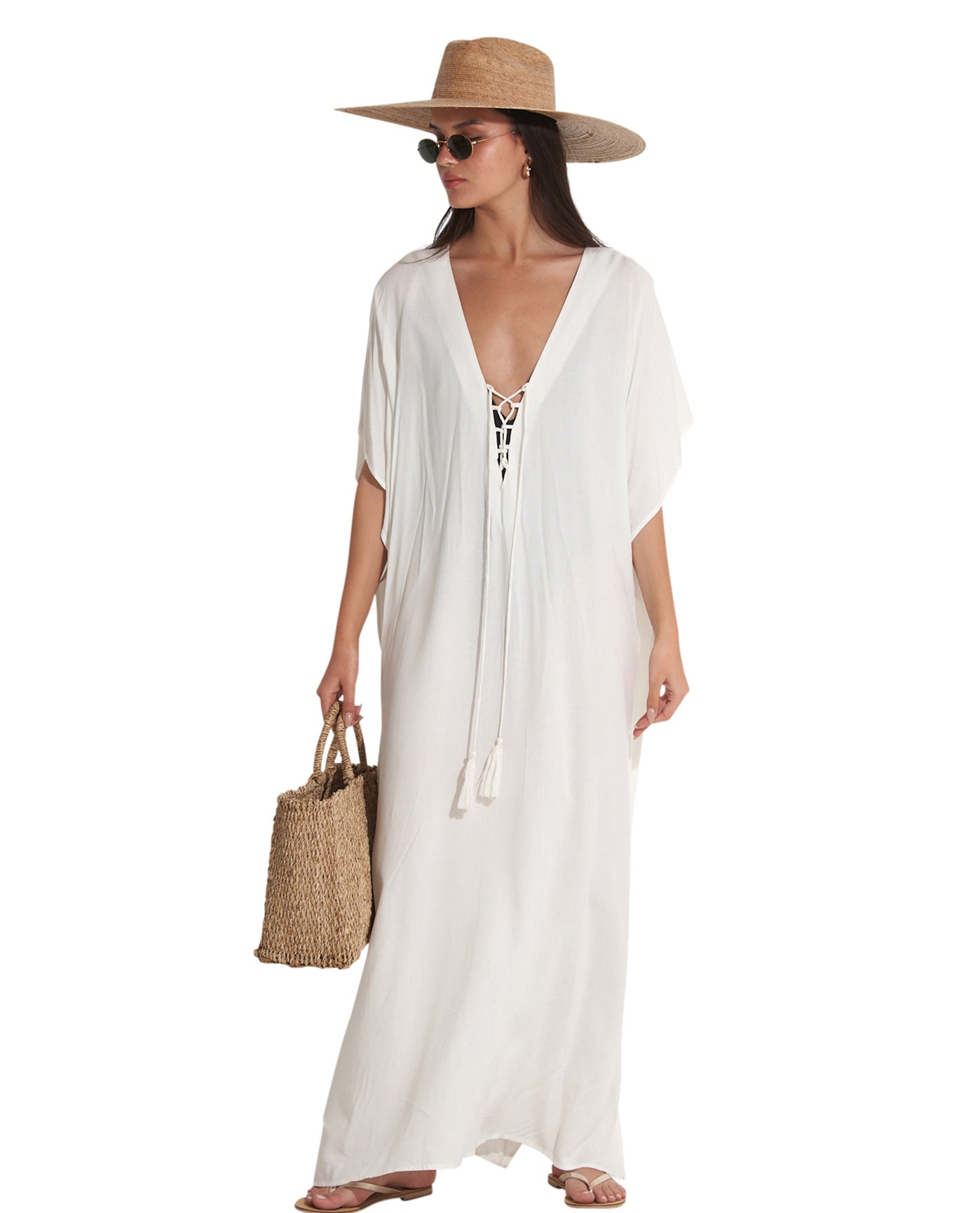 Front View Of Gottex Beach Life Lace Up Cover Up Kaftan | GOTTEX BEACH LIFE BEST CREAM