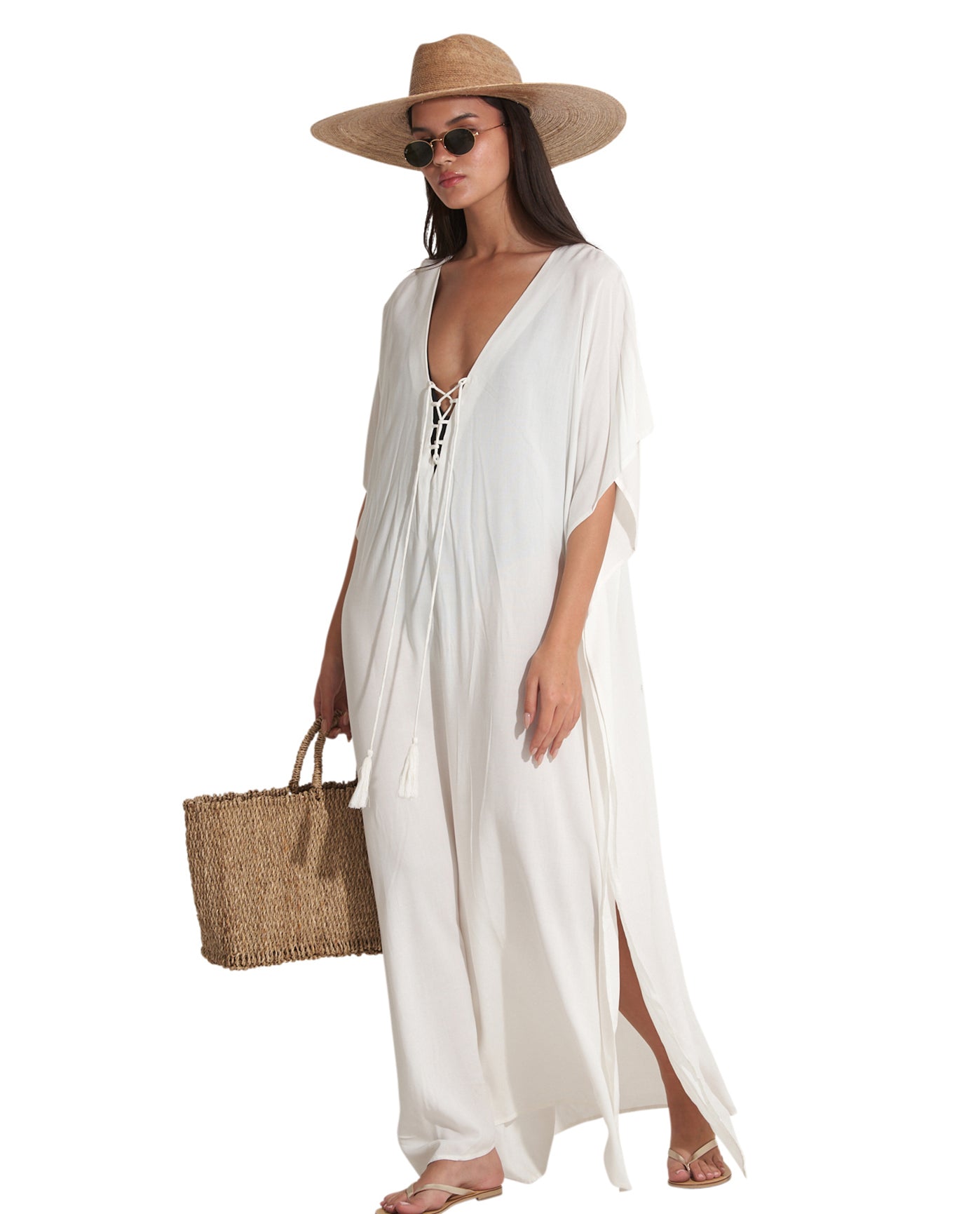 Side View Of Gottex Beach Life Lace Up Cover Up Kaftan | GOTTEX BEACH LIFE BEST CREAM