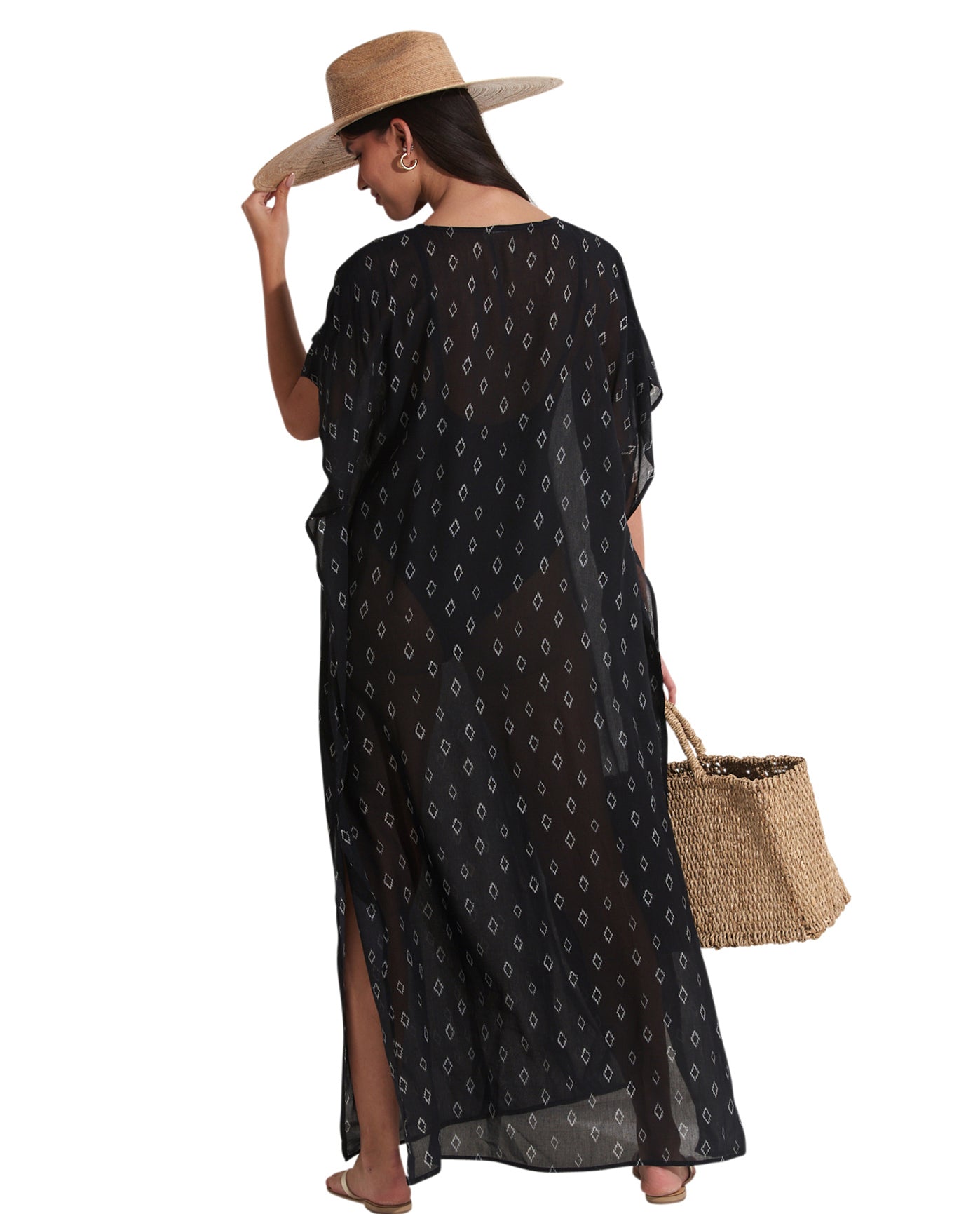 Back View Of Gottex Beach Life Lace Up Maxi Cover Up Kaftan | GOTTEX BEACH LIFE MAYA BLACK AND CREAM