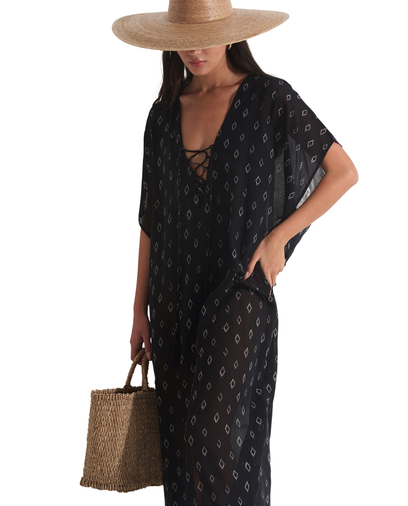 Side View Of Gottex Beach Life Lace Up Maxi Cover Up Kaftan | GOTTEX BEACH LIFE MAYA BLACK AND CREAM