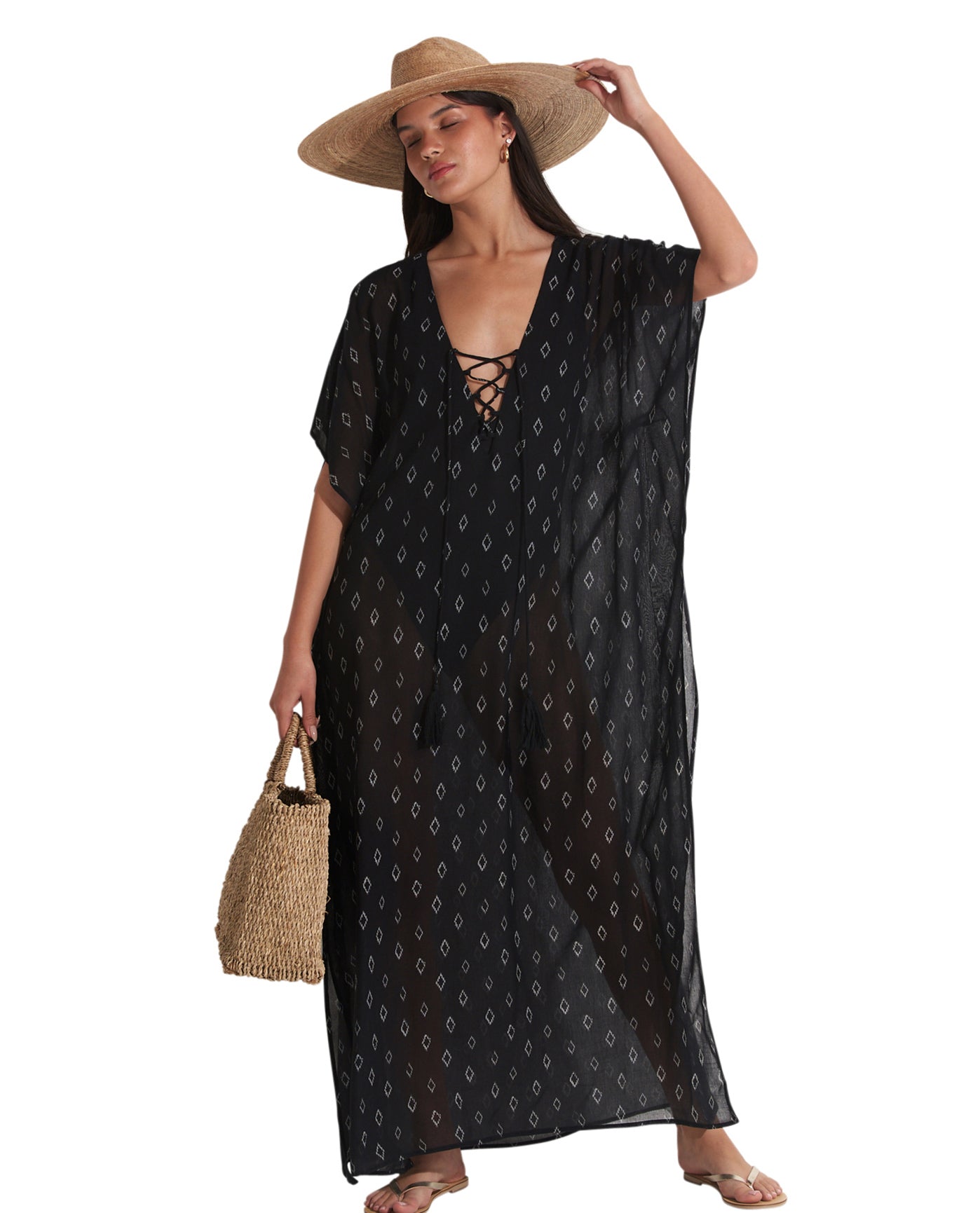 Front View Of Gottex Beach Life Lace Up Maxi Cover Up Kaftan | GOTTEX BEACH LIFE MAYA BLACK AND CREAM