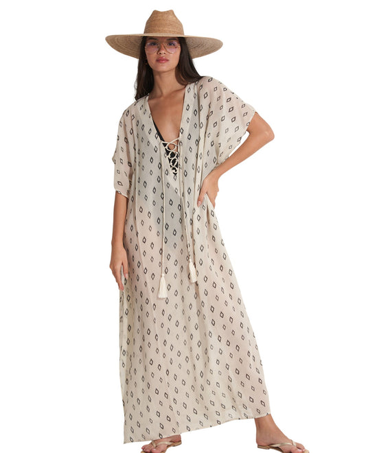 Front View Of Gottex Beach Life Lace Up Maxi Cover Up Kaftan | GOTTEX BEACH LIFE MAYA CREAM