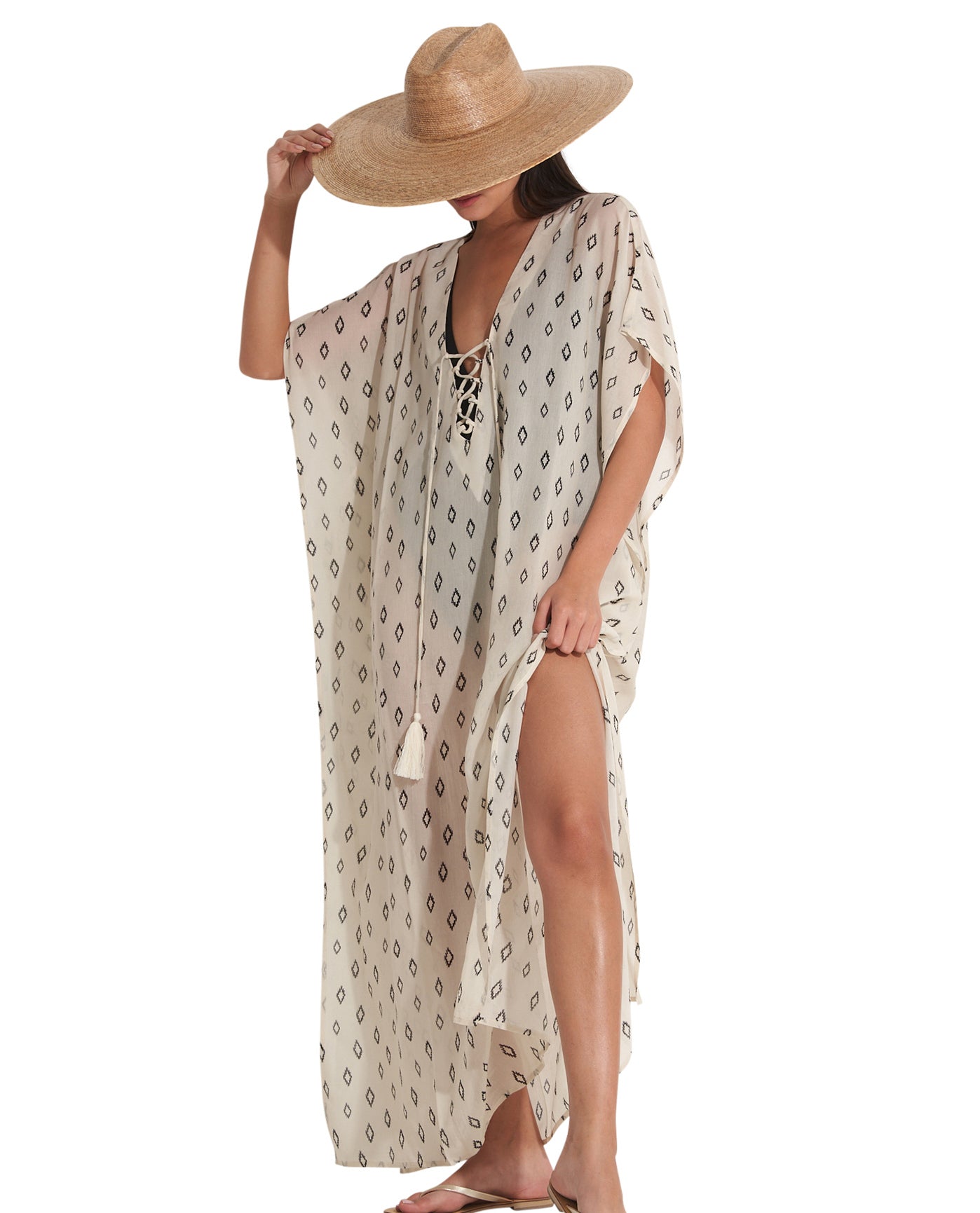 Side View Of Gottex Beach Life Lace Up Maxi Cover Up Kaftan | GOTTEX BEACH LIFE MAYA CREAM