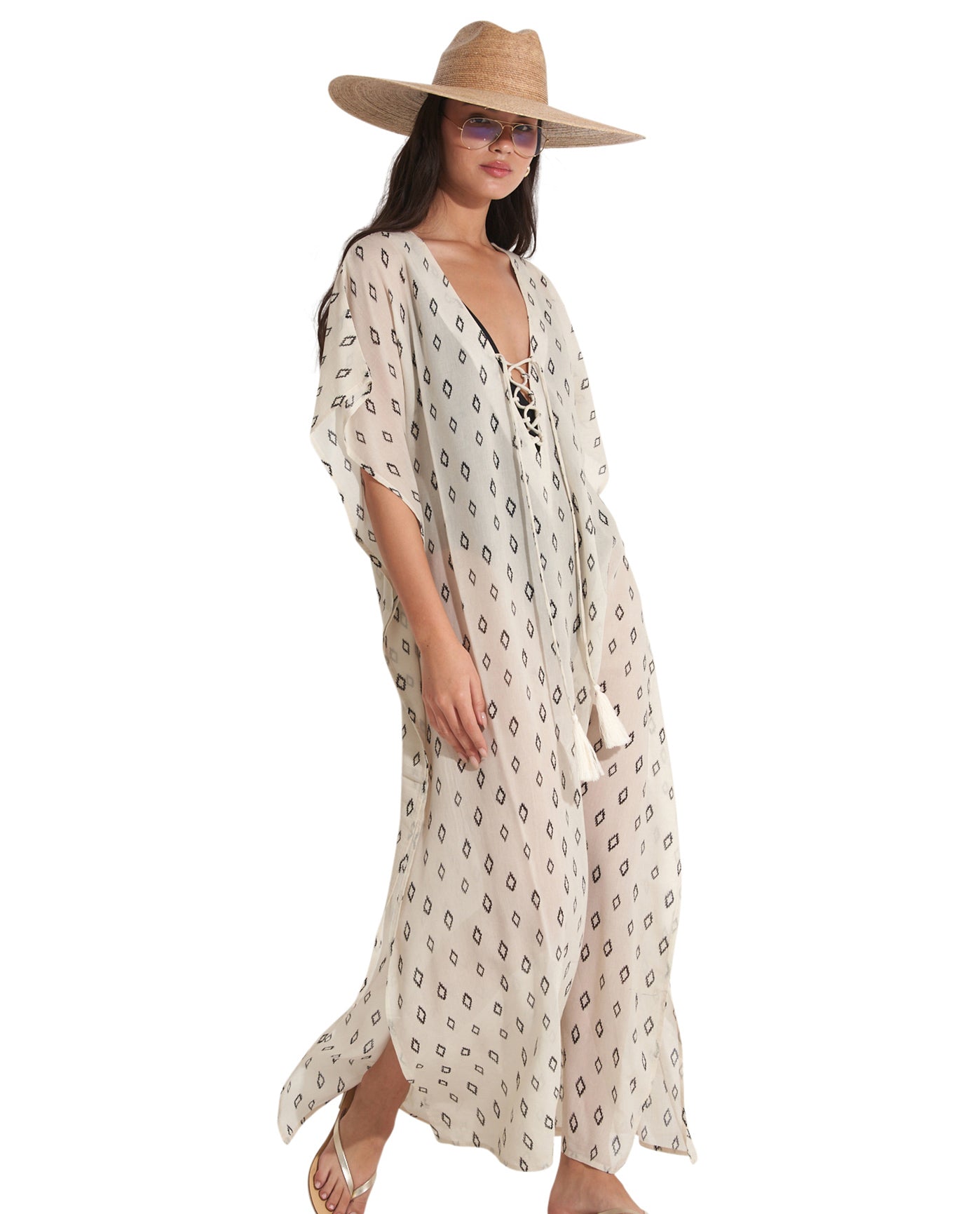 Alternate Side View Of Gottex Beach Life Lace Up Maxi Cover Up Kaftan | GOTTEX BEACH LIFE MAYA CREAM