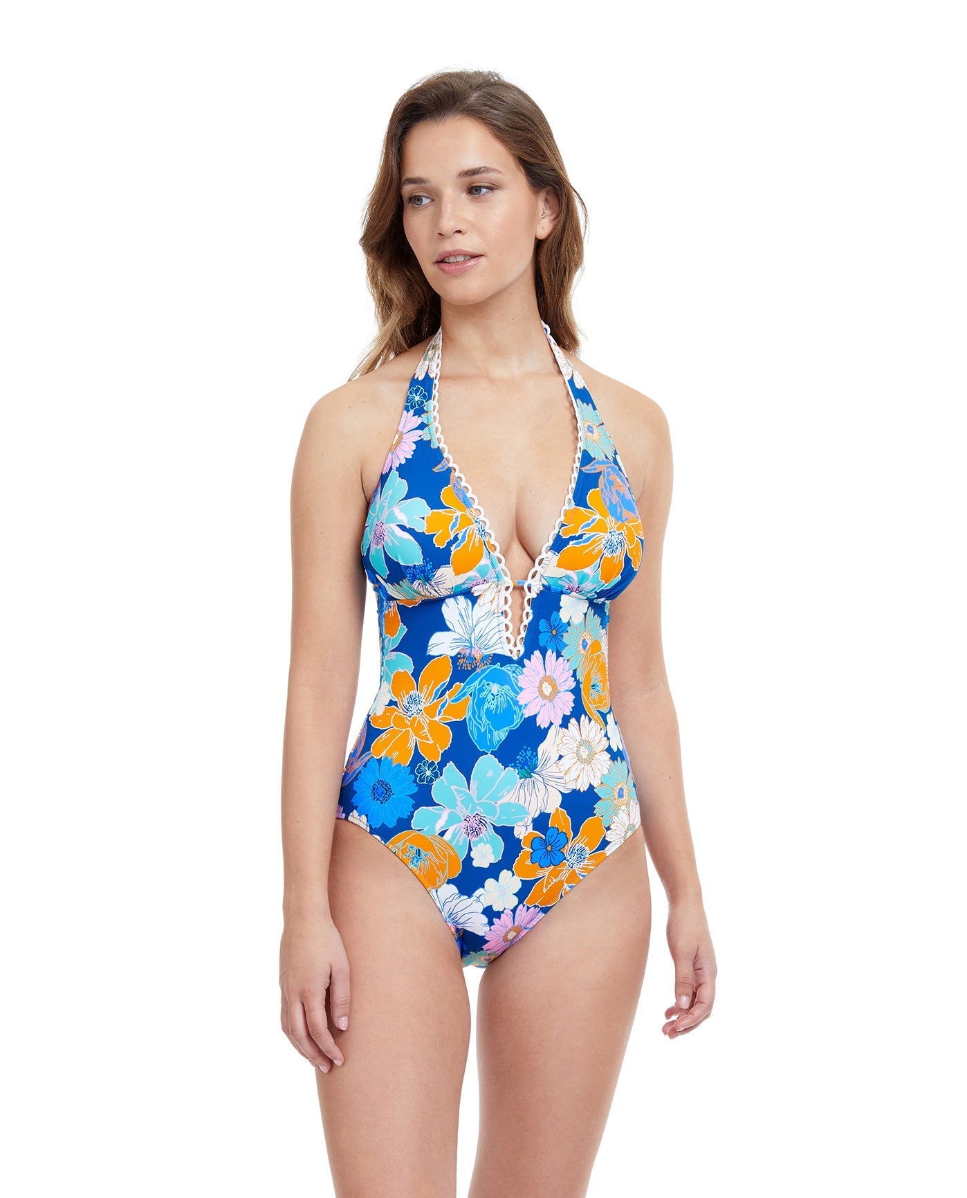 Front View Of Profile By Gottex Rising Sun Deep V-Neck Halter One Piece Swimsuit | PROFILE RISING SUN BLUE