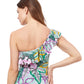 Back View Of Profile By Gottex Tropic Boom One Shoulder Ruffle Tankini Top | PROFILE TROPIC BOOM GREEN