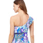 Back View Of Profile By Gottex Tropic Boom One Shoulder Ruffle Tankini Top | PROFILE TROPIC BOOM BLUE