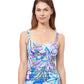 Front View Of Profile By Gottex Tropic Boom E-Cup Underwire Tankini Top | PROFILE TROPIC BOOM BLUE