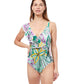 Front View Of Profile By Gottex Tropic Boom V-Neck Surplice Ruffle One Piece Swimsuit | PROFILE TROPIC BOOM GREEN