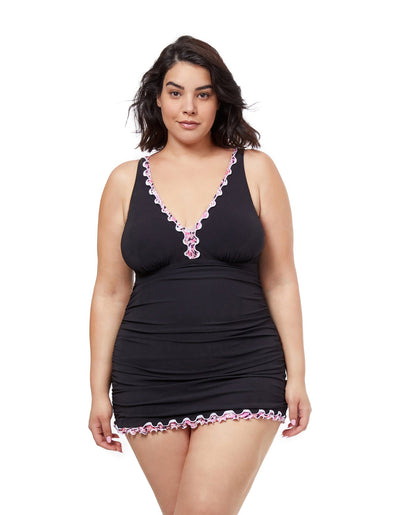 Front View Of Profile By Gottex Pretty Wild V-Neck Swimdress | PROFILE PRETTY WILD BLACK