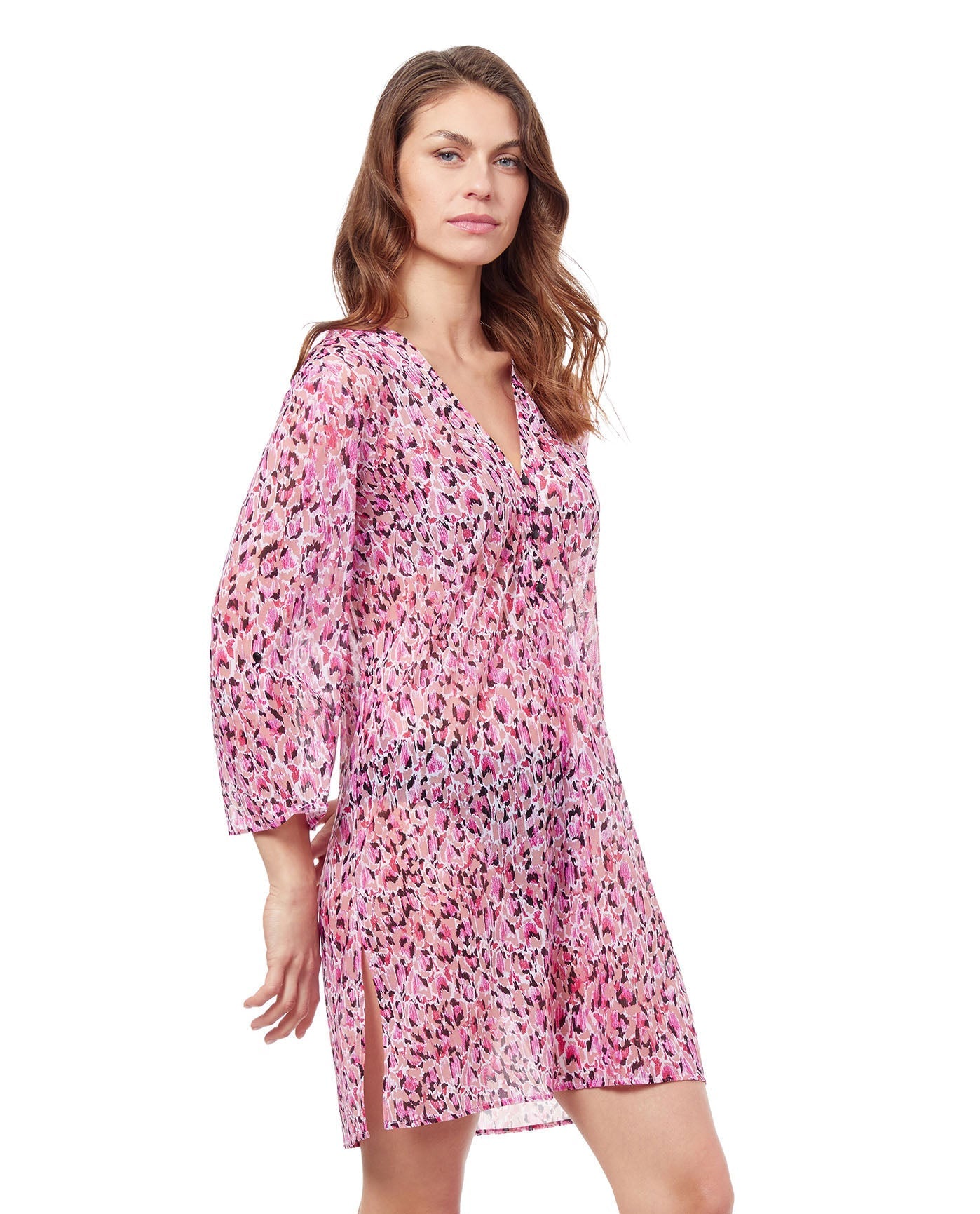 Side View Of Profile By Gottex Pretty Wild V-Neck Long Sleeve Mesh Tunic Cover Up | PROFILE PRETTY WILD PINK