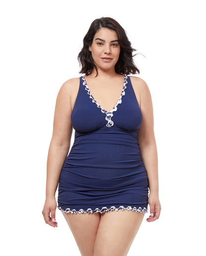 Front View Of Profile By Gottex Pop Floras V-Neck Swimdress | PROFILE POP FLOWER NAVY