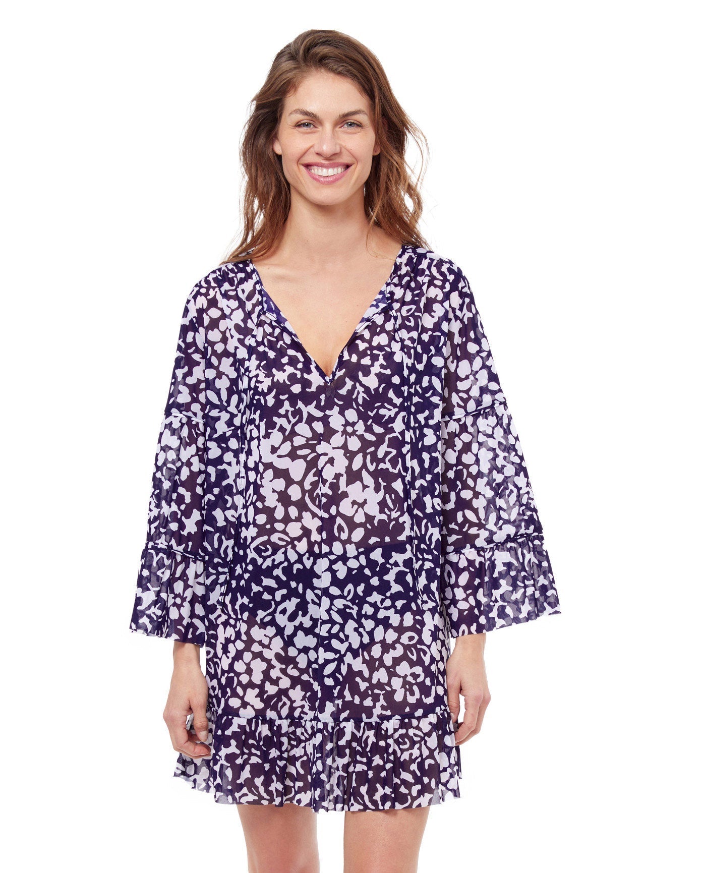 Front View Of Profile By Gottex Pop Floras V Neck Mesh Tunic Cover Up | PROFILE POP FLOWER WHITE