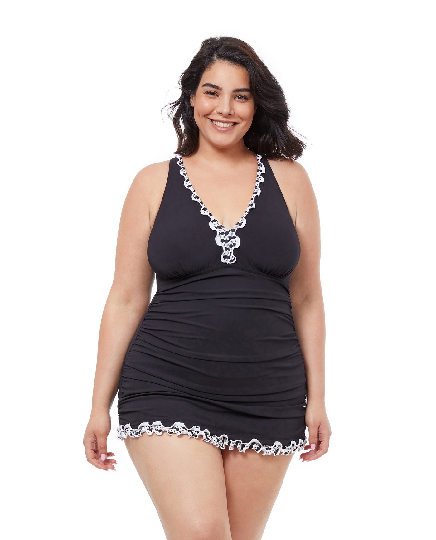 Front View Of Profile By Gottex Enya V-Neck Swimdress | PROFILE ENYA BLACK AND WHITE