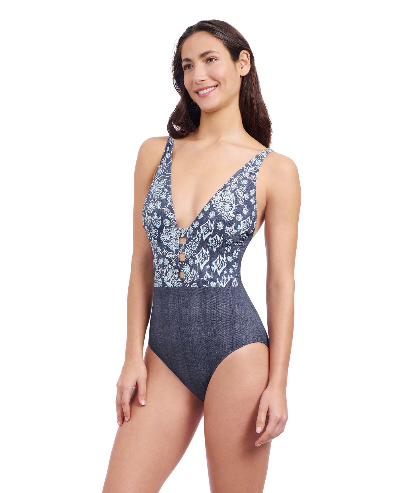 Side View of Profile By Gottex Flores Deep V Halter One Piece Swimsuit | PROFILE FLORES