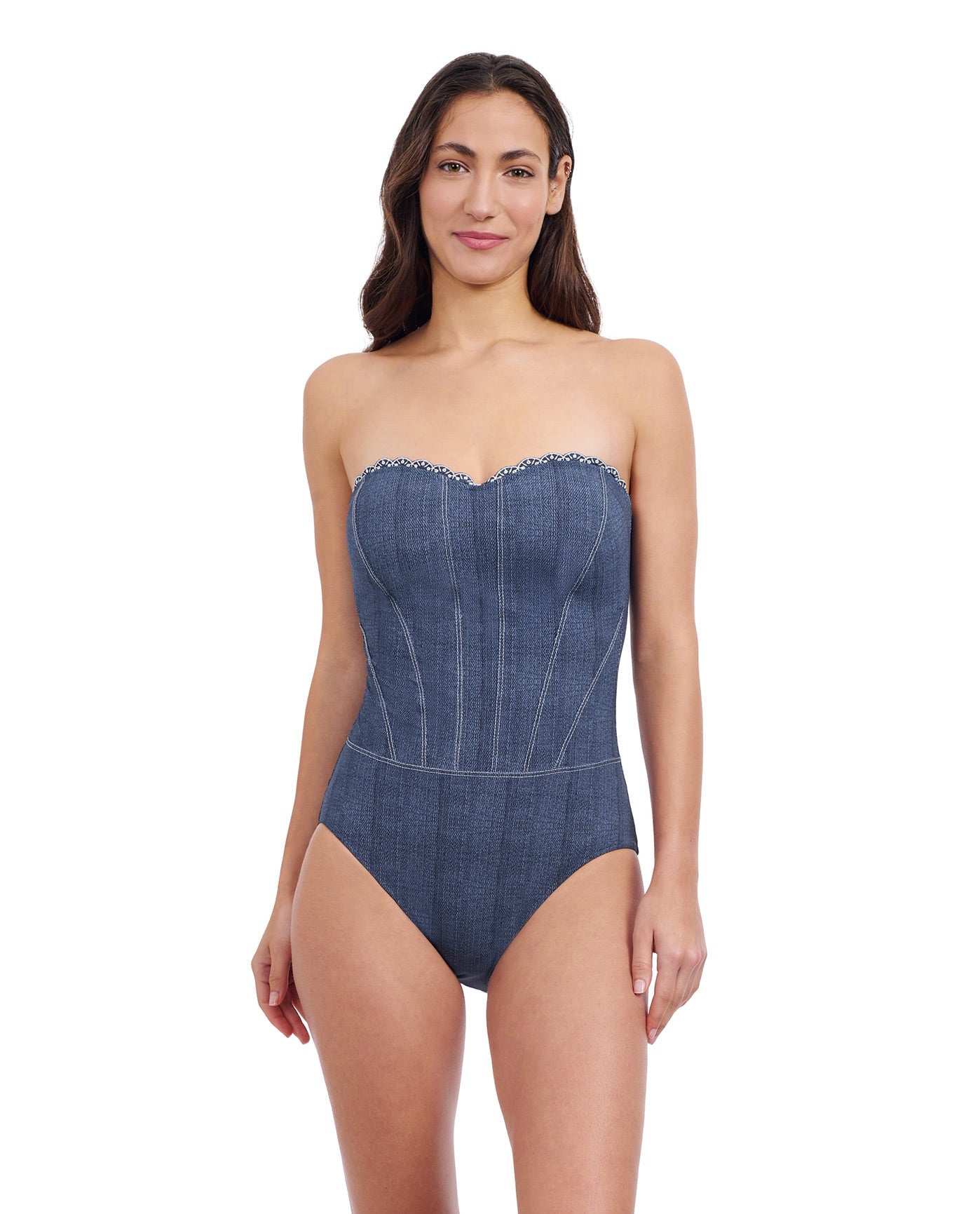 Front View of Profile By Gottex Isabelle Embroidered Bandeau One Piece Swimsuit | PROFILE ISABELLE