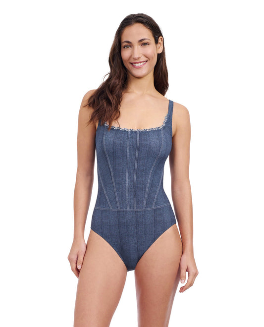 Front View of Profile By Gottex Isabelle Embroidered Square Neck One Piece Swimsuit | PROFILE ISABELLE