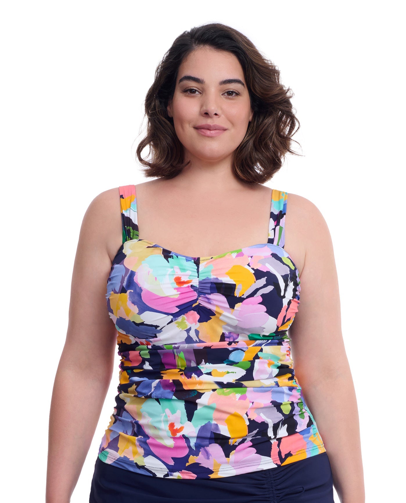 Front View of Profile By Gottex Holi Plus Size Underwire Bandeau Swimdress | PROFILE HOLI MULTI