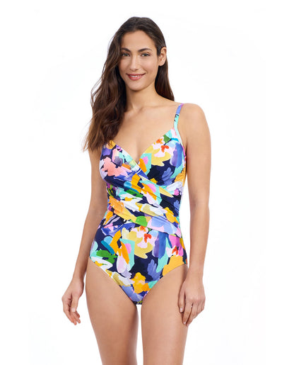 Front View of Profile By Gottex Holi V-Neck Surplice One Piece Swimsuit | PROFILE HOLI MULTI