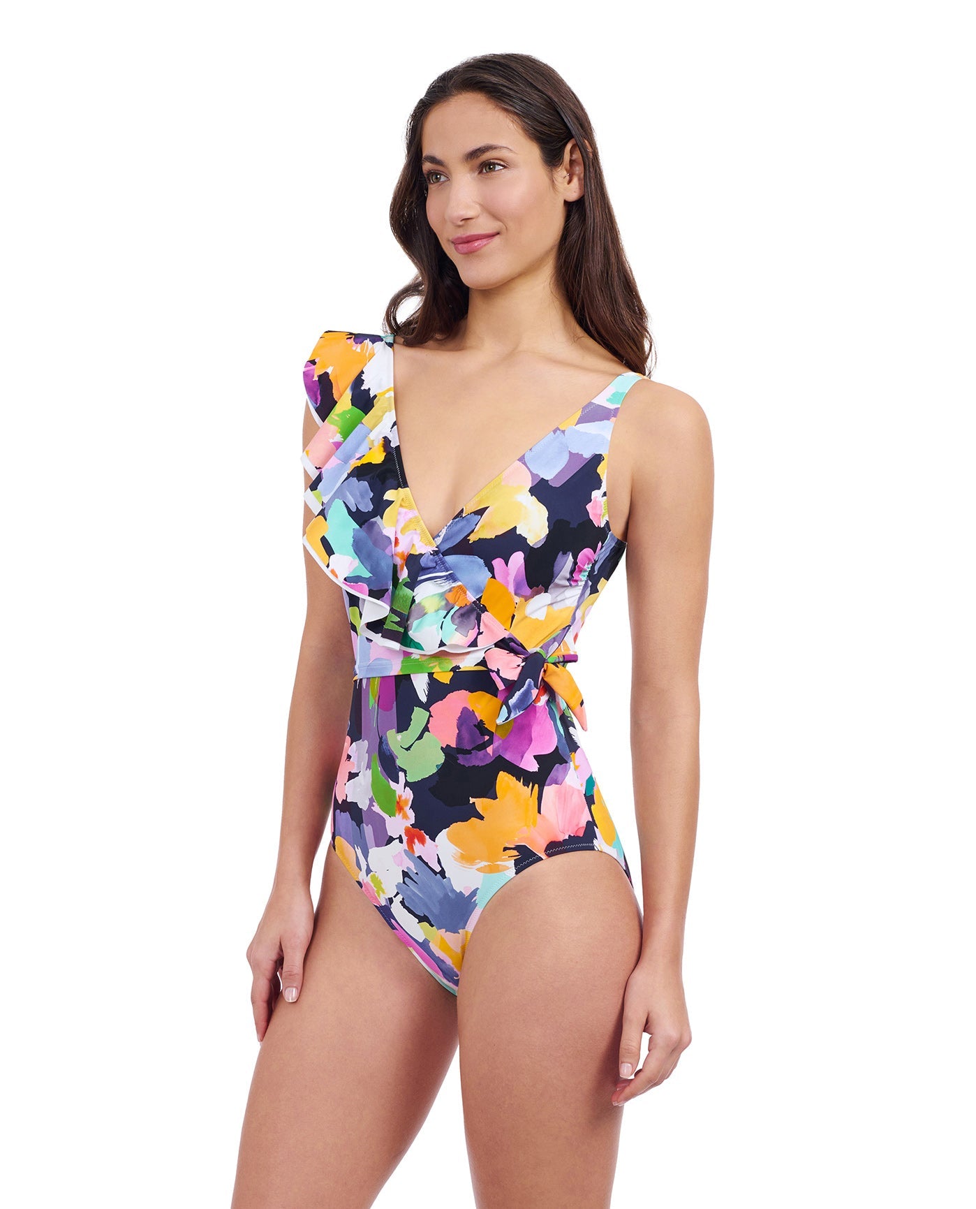 Side View of Profile By Gottex Holi V-Neck Surplice Ruffle One Piece Swimsuit | PROFILE HOLI MULTI