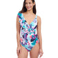 Front View of Profile By Gottex Holi V-Neck Surplice Ruffle One Piece Swimsuit | PROFILE HOLI BLUE