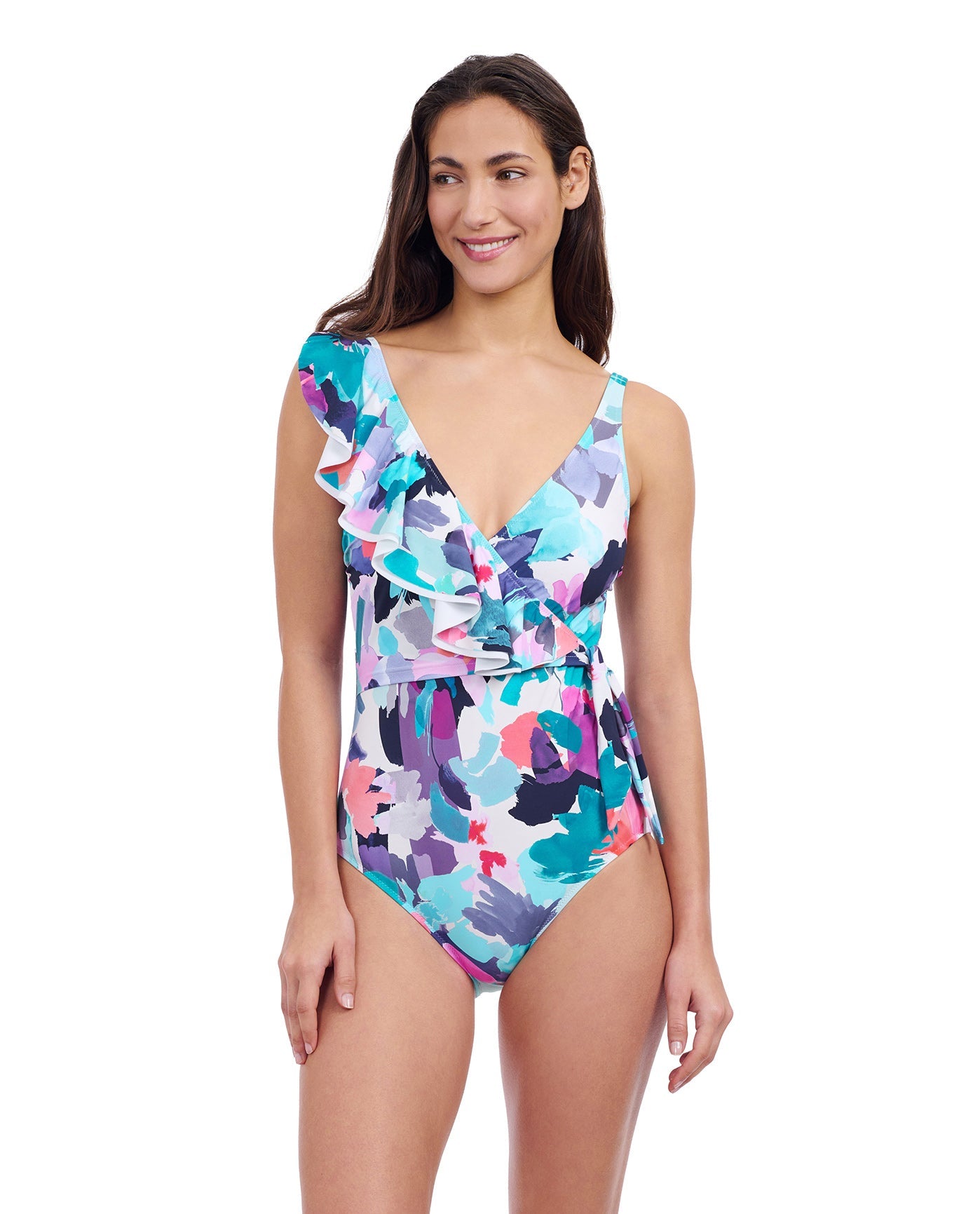 Front View of Profile By Gottex Holi V-Neck Surplice Ruffle One Piece Swimsuit | PROFILE HOLI BLUE