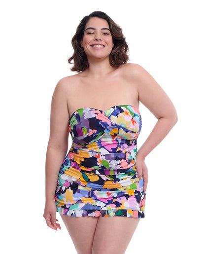 Front View of Profile By Gottex Holi Plus Size Underwire Bandeau Swimdress | PROFILE HOLI MULTI