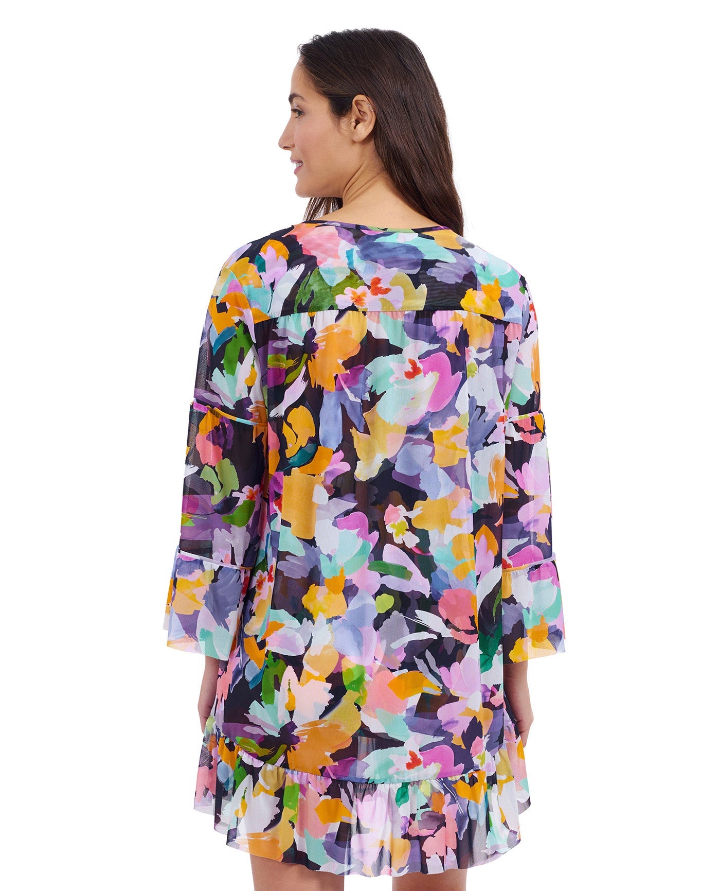 Back View of Profile By Gottex Holi V-Neck Mesh Flounce Tunic Cover Up | PROFILE HOLI MULTI