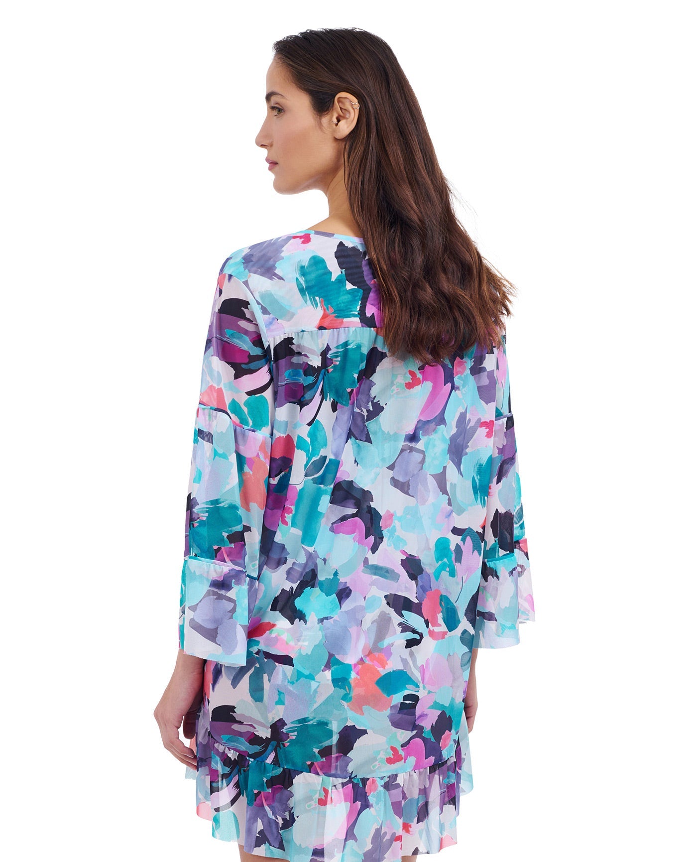 Back View of Profile By Gottex Holi V-Neck Mesh Flounce Tunic Cover Up | PROFILE HOLI BLUE