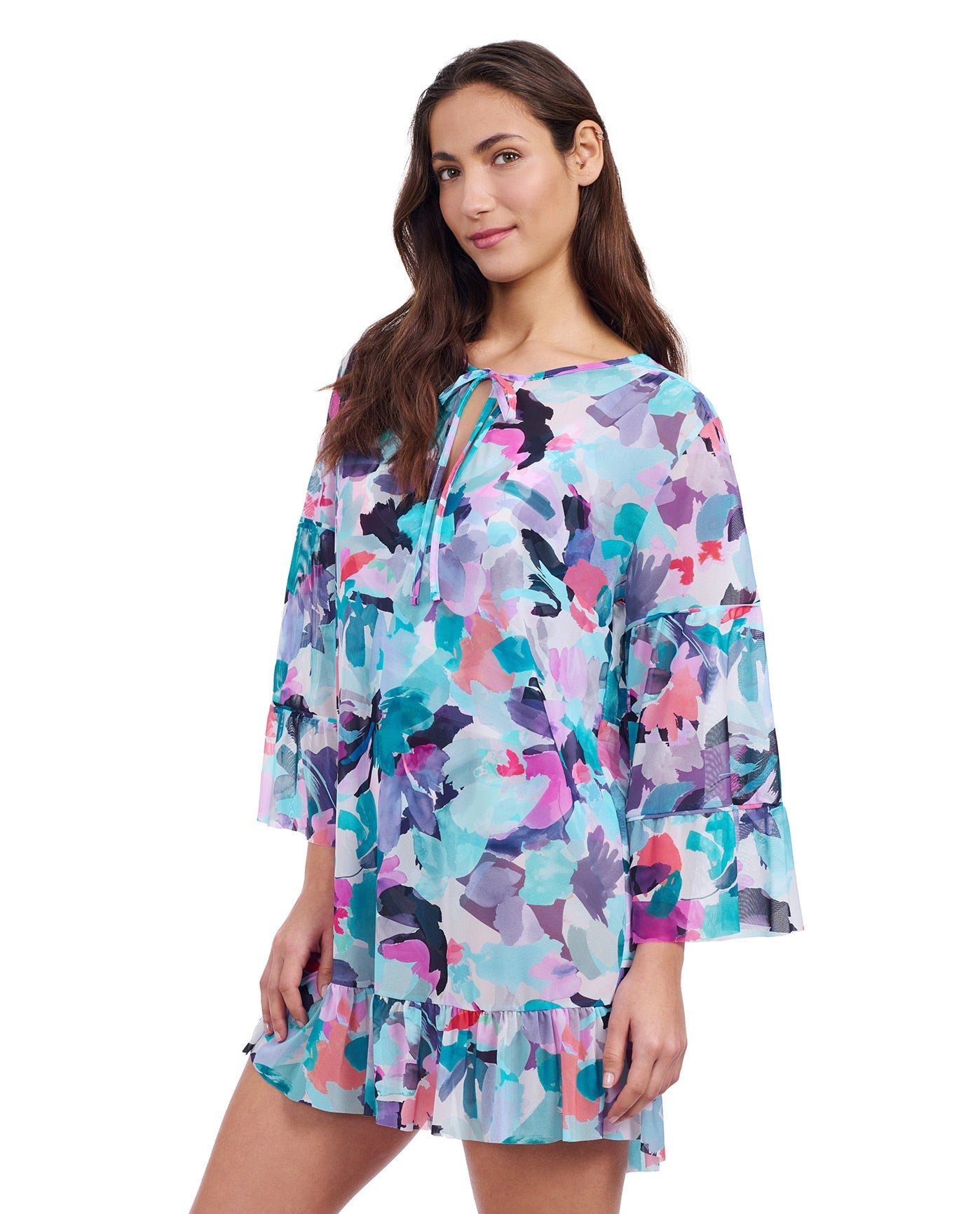 Side View of Profile By Gottex Holi V-Neck Mesh Flounce Tunic Cover Up | PROFILE HOLI BLUE