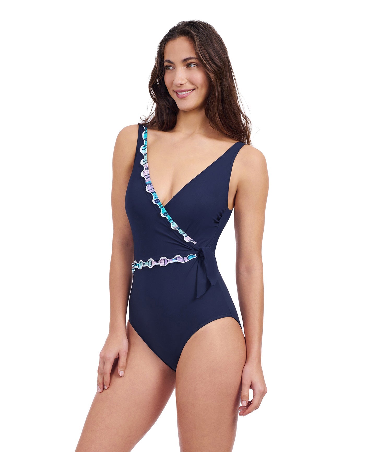 Side View of Profile By Gottex Harmony Knotted Surplice One Piece Swimsuit | PROFILE HARMONY NAVY