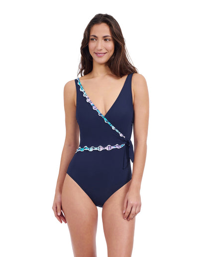 Front View of Profile By Gottex Harmony Knotted Surplice One Piece Swimsuit | PROFILE HARMONY NAVY