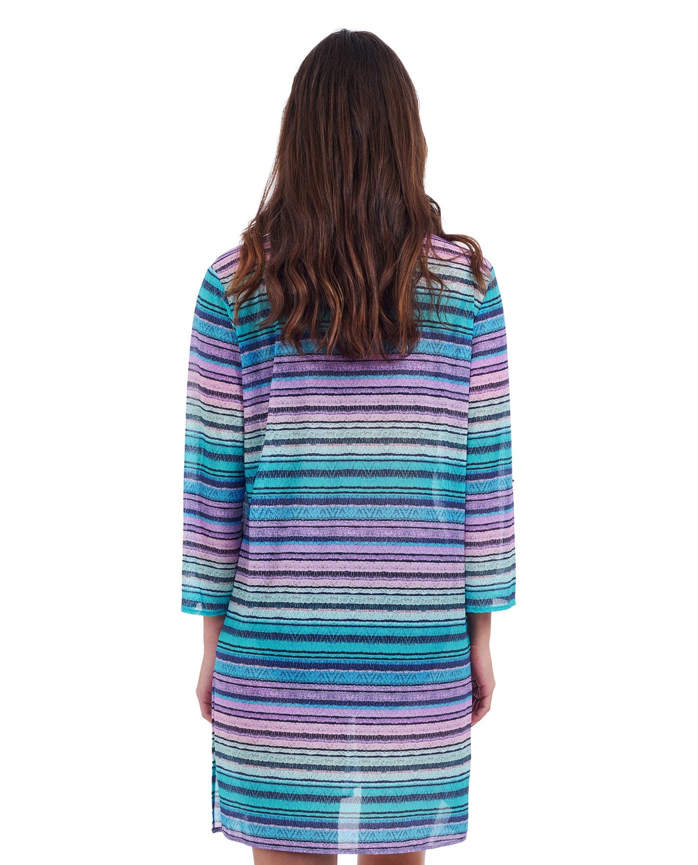 Back View of Profile By Gottex Harmony V-Neck Long Sleeve Mesh Tunic Cover Up | PROFILE HARMONY BLUE