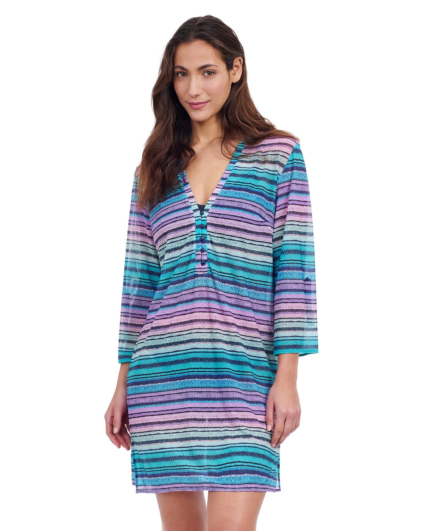 Front View of Profile By Gottex Harmony V-Neck Long Sleeve Mesh Tunic Cover Up | PROFILE HARMONY BLUE