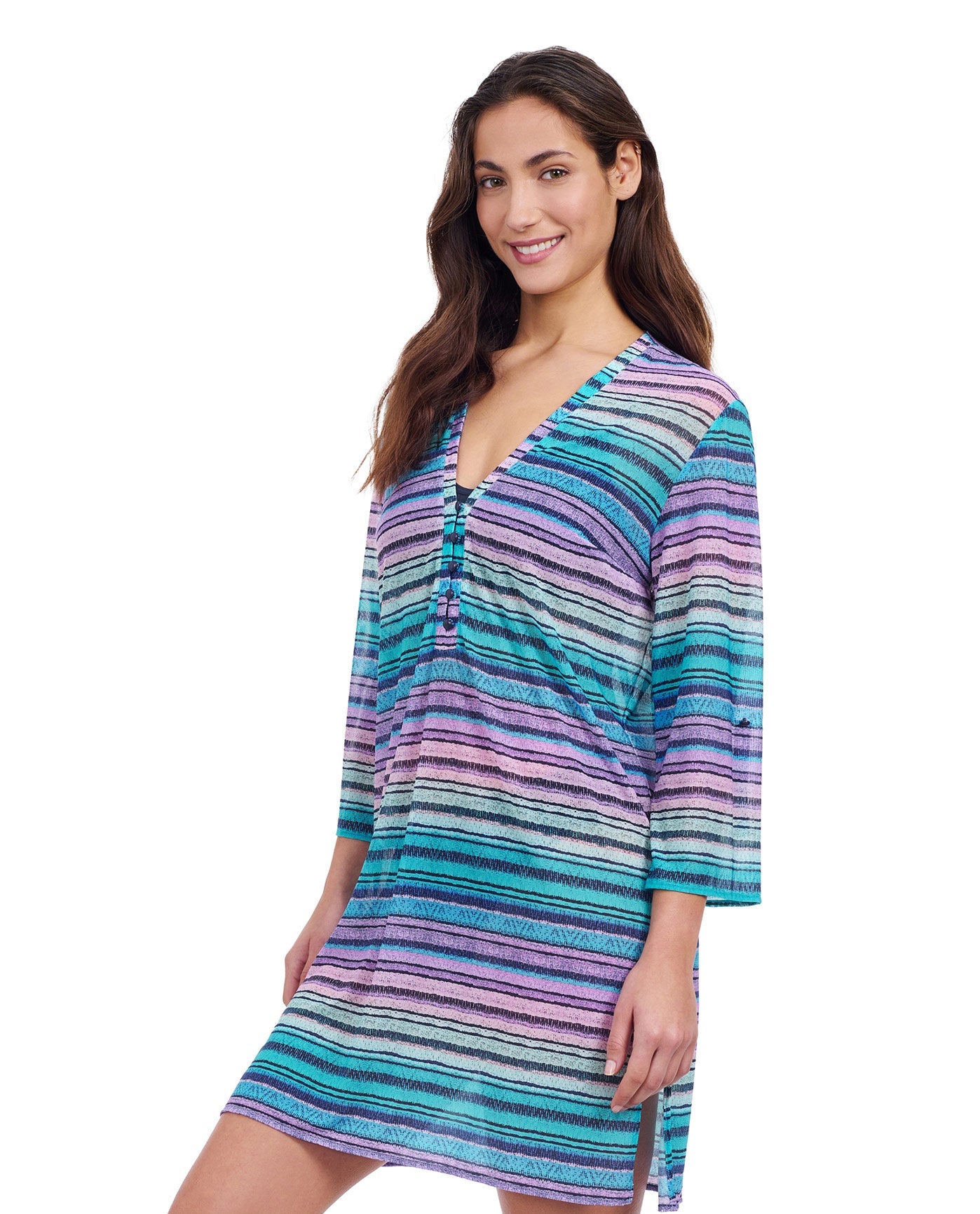 Side View of Profile By Gottex Harmony V-Neck Long Sleeve Mesh Tunic Cover Up | PROFILE HARMONY BLUE