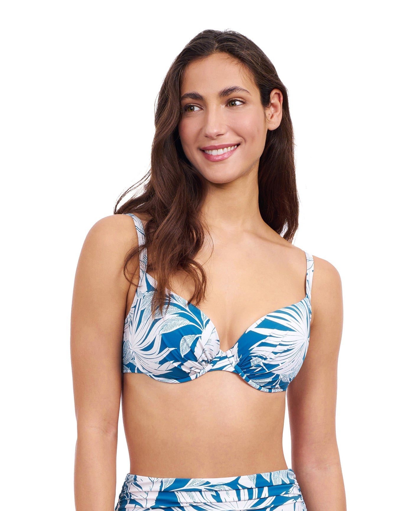 Front View of Profile By Gottex Malaya D-Cup Push Up Underwire Bikini Top | PROFILE MALAYA TEAL AND WHITE