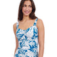 Front View of Profile By Gottex Malaya E-Cup Shirred Underwire Tankini Top | PROFILE MALAYA TEAL AND WHITE