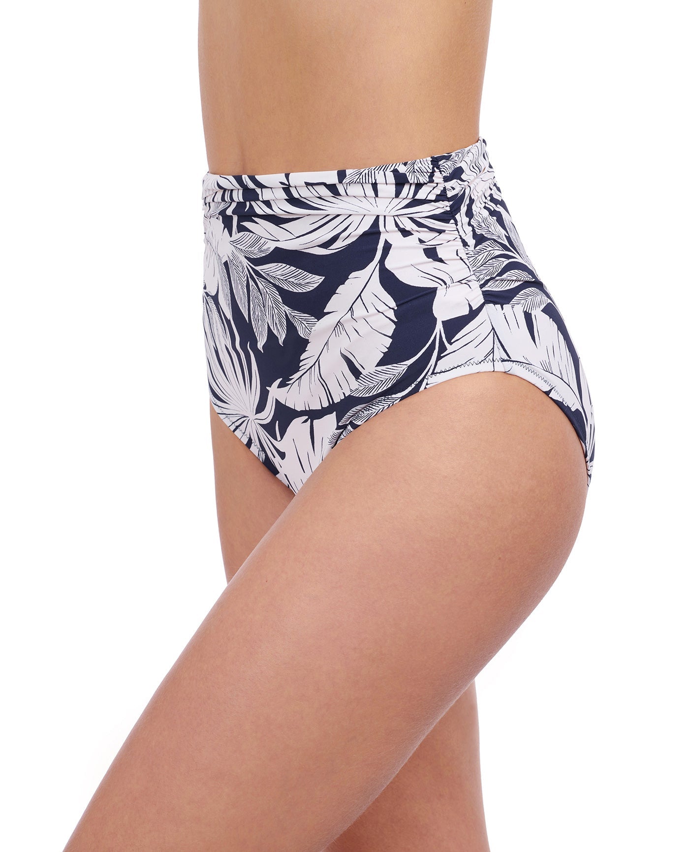 Side View of Profile By Gottex Malaya Shirred High Waist Tankini Bottom | PROFILE MALAYA NAVY AND WHITE