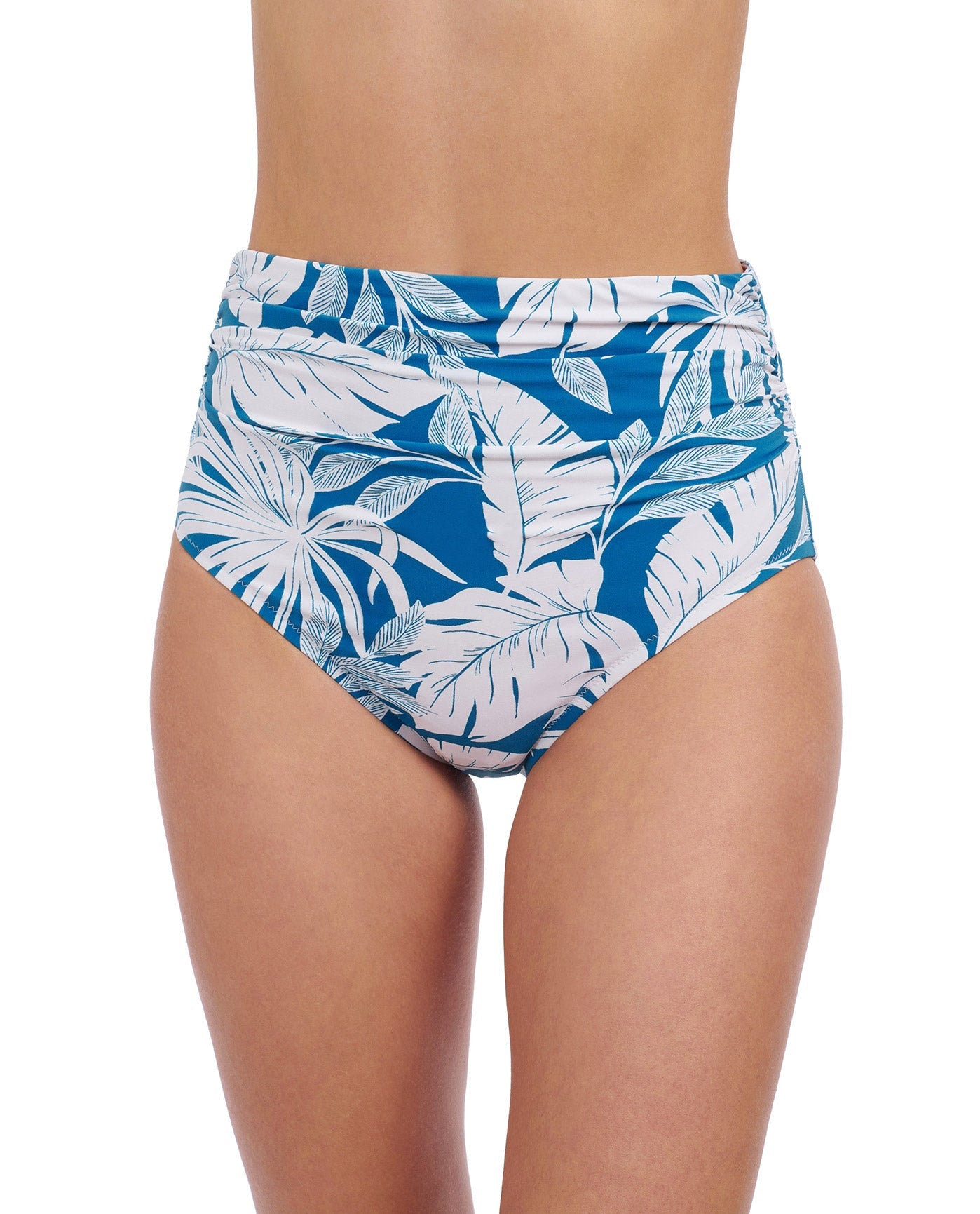 Front View of Profile By Gottex Malaya Shirred High Waist Tankini Bottom | PROFILE MALAYA TEAL AND WHITE