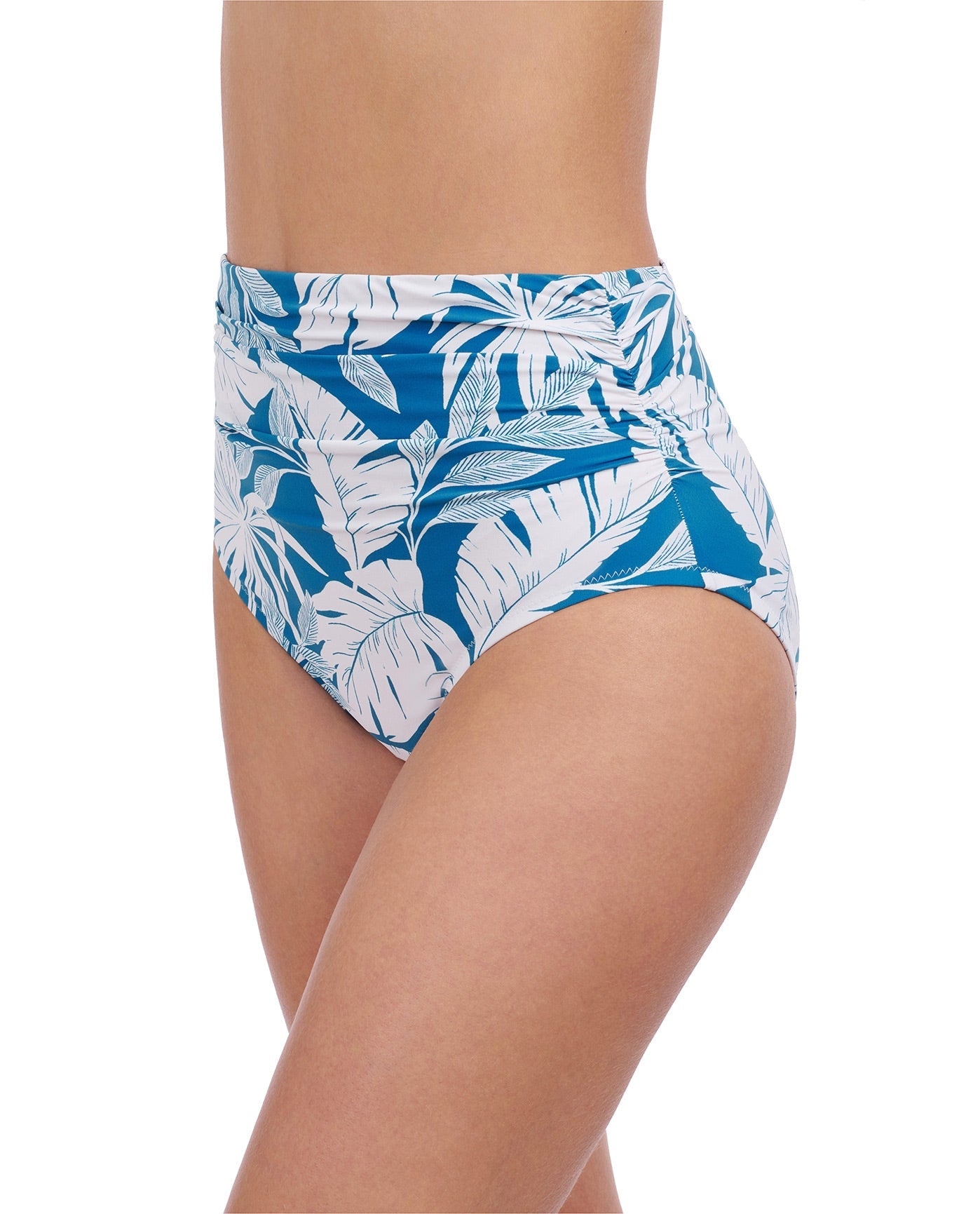 Side View of Profile By Gottex Malaya Shirred High Waist Tankini Bottom | PROFILE MALAYA TEAL AND WHITE