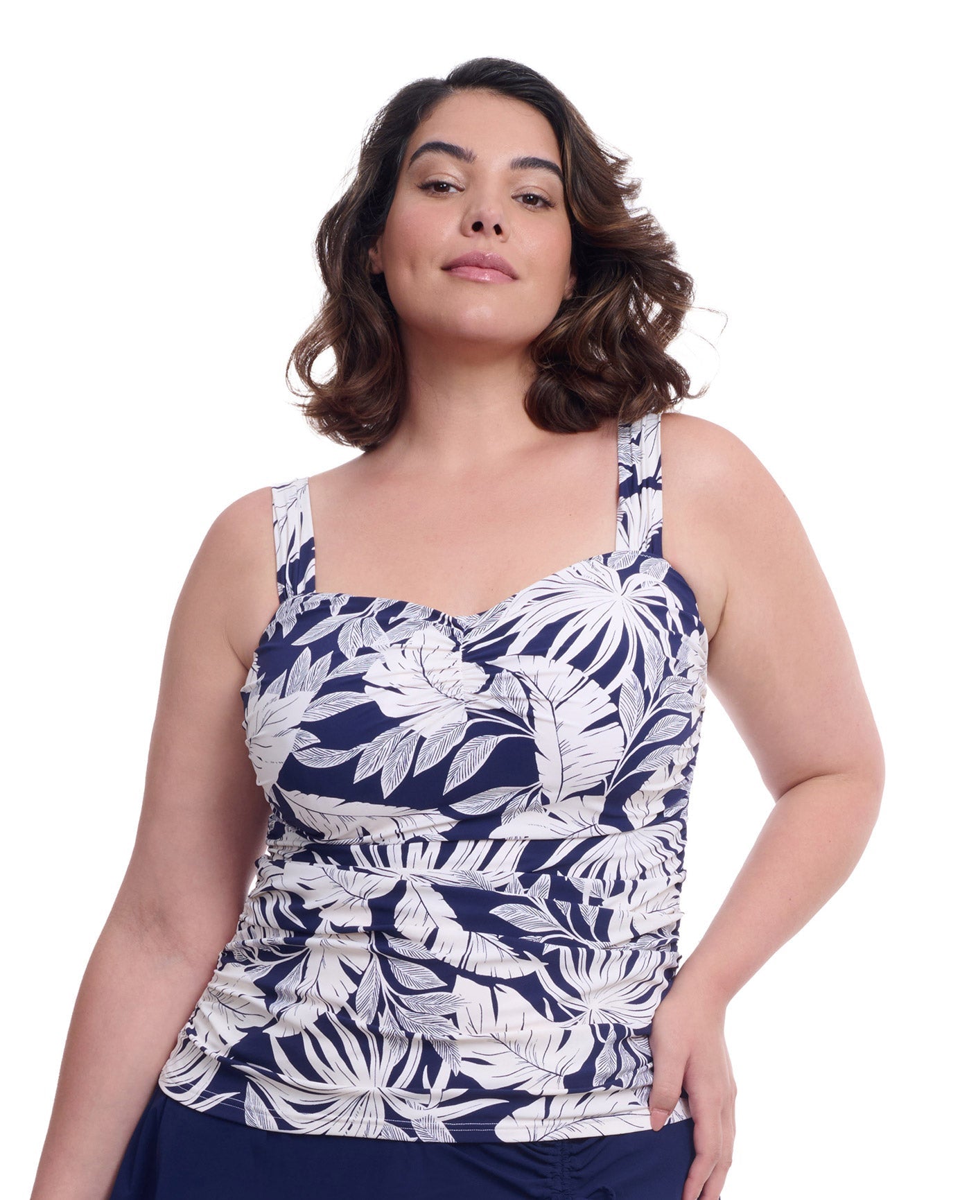 Front View of Profile By Gottex Malaya Plus Size Sweetheart Underwire Tankini Top | PROFILE MALAYA NAVY AND WHITE