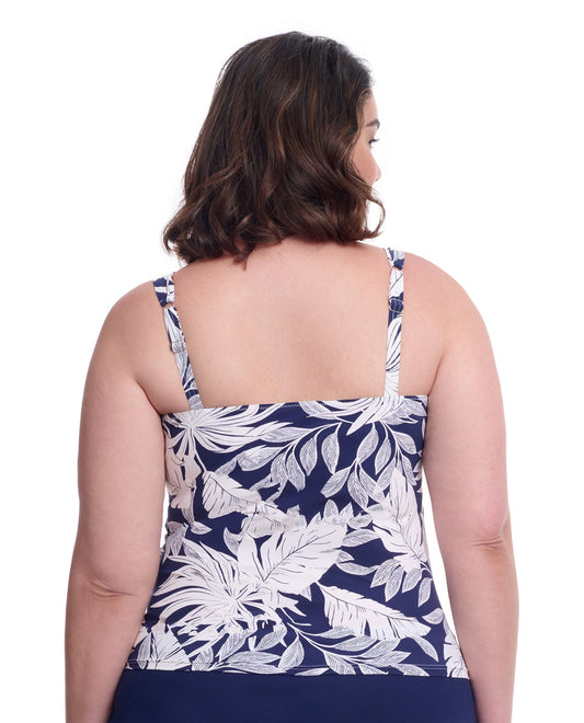 Back View of Profile By Gottex Malaya Plus Size Sweetheart Underwire Tankini Top | PROFILE MALAYA NAVY AND WHITE